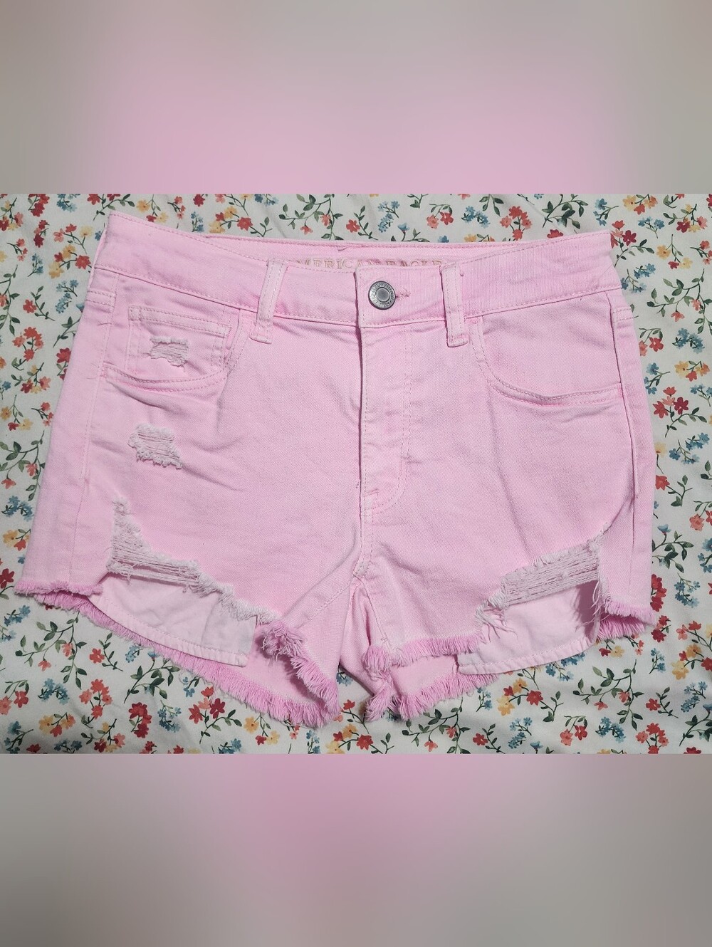 American Eagle Outfitters Pastel Pink Distressed High-Rise Denim Shorts